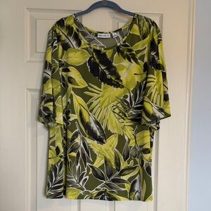 Susan Graver Green Tropical Print Short Sleeve Cold Shoulder Top